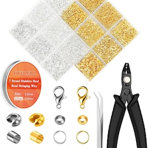 May include: A jewelry making kit containing a clear plastic organizer with twelve compartments filled with silver and gold-toned findings, a spool of 0.30mm stainless steel bead stringing wire, lobster clasps, crimp beads, jump rings, tweezers, and black pliers.