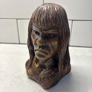 Hand-Carved Monkey Pod Wood Bust Sculpture, Mid Century Modern Tribal Figure, Signed J. Pall