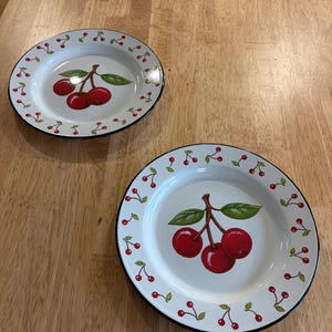Mary Engelbreit Cherry Enamelware plates, set of 2, ME Ink 2000