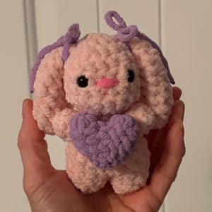 Beloved Crochet Plushies (Bear, Cat, Caterpillar, Puppy, Kitten, Pink Bee, Heart Keychain, Floppy-ear Bunny & Bunny holding rose) Floppy-ear Bunny +💜