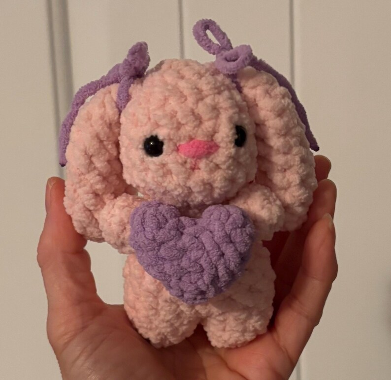 Beloved Crochet Plushies (Bear, Cat, Caterpillar, Puppy, Kitten, Pink Bee, Heart Keychain, Floppy-ear Bunny & Bunny holding rose) Floppy-ear Bunny +💜