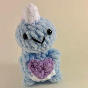 Beloved Crochet Plushies (Bear, Cat, Caterpillar, Puppy, Kitten, Pink Bee, Heart Keychain, Floppy-ear Bunny & Bunny holding rose) Blue Dino + 💜