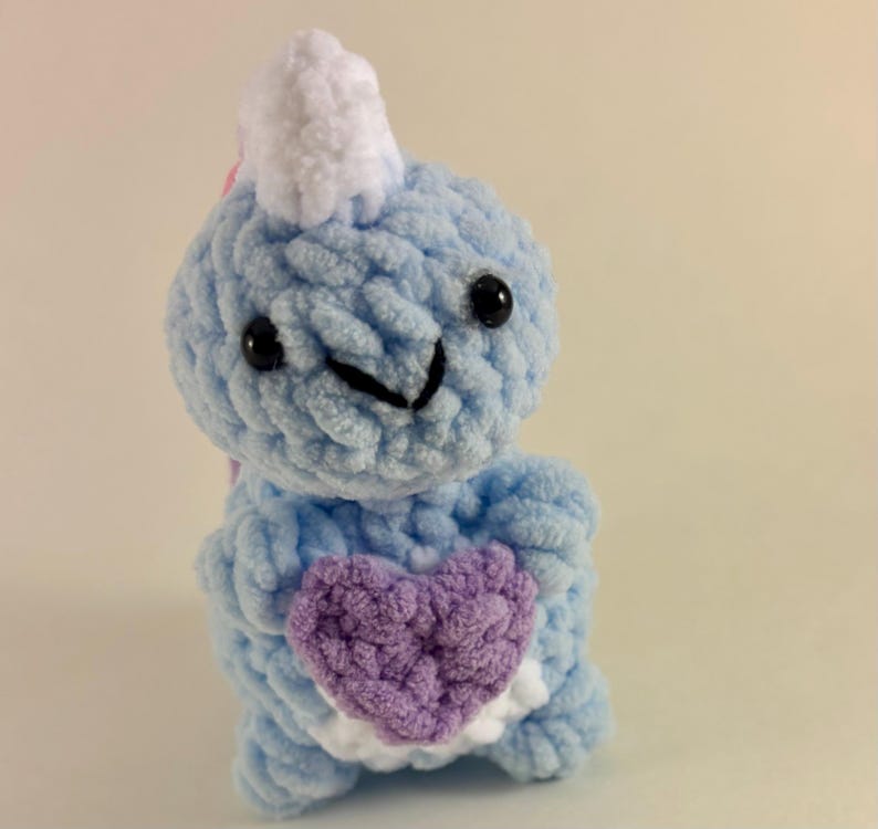 Beloved Crochet Plushies (Bear, Cat, Caterpillar, Puppy, Kitten, Pink Bee, Heart Keychain, Floppy-ear Bunny & Bunny holding rose) Blue Dino + 💜