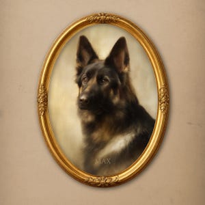 May include: An oval portrait of a German Shepherd dog in a gold ornate frame. The dog has black and brown fur and is looking to the left. The name "MAX" is printed at the bottom of the portrait.