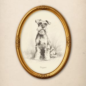 Pode incluir: Esboço a lápis de um cão Schnauzer numa moldura oval dourada. O cão está sentado na relva e tem uma longa barba branca. O nome "Pepper" está escrito abaixo.