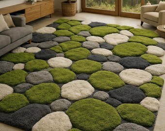 Handmade Moss Pebble Rug | Green Grey High Pile Wool Area Rug | Modern Nature Inspired Living Room Carpet | Custom Size