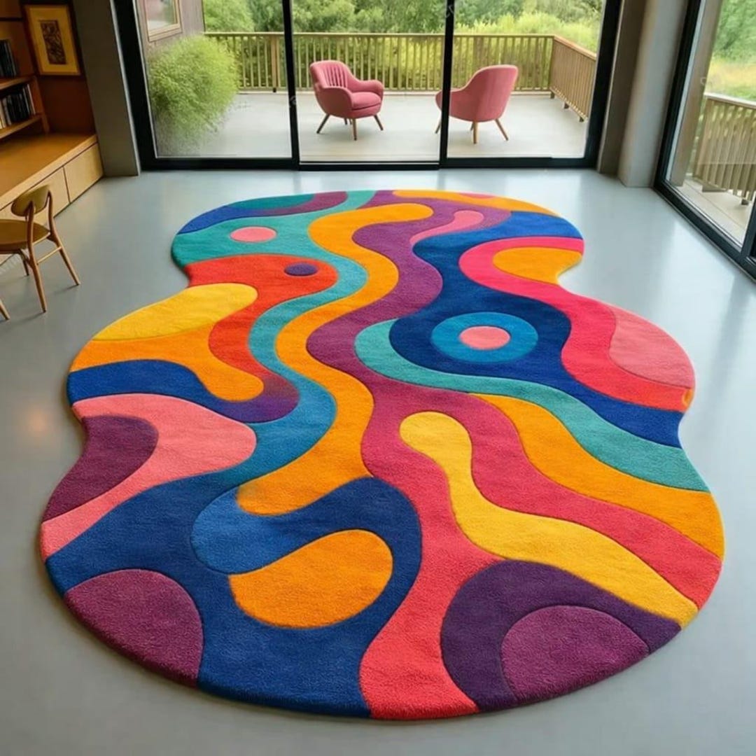 Plastic Abstract Rug Abstract Wave Handmade : Colorful Psychedelic Blob Shape Rug for ...