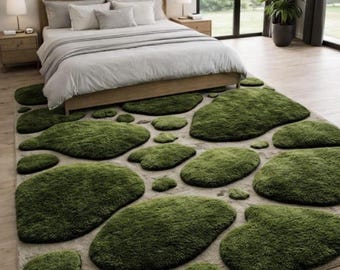 Moss Pebble Rug Handmade Wool Area Carpet | Nature Inspired 3D Green Rug | Modern Organic High Pile Rug Living Room Bedroom