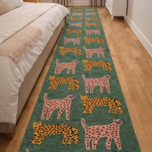 Grüner Läufer Teppich Läufer, Wollteppich, handgetuftet, langer schmaler Animal Print Teppich