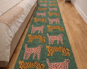 Green runner rug wool hallway runner carpet, hand tufted long narrow animal print rug