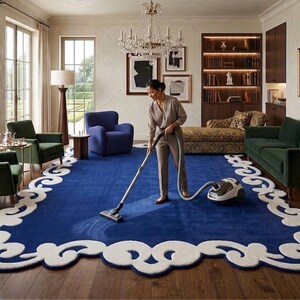May include: A woman vacuums a large, rectangular blue rug with a white, ornate border in a living room. The room features green and blue armchairs, a green sofa, and a crystal chandelier. The rug is the focal point of the room.
