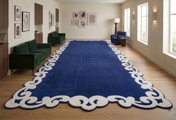Large Blue Wool Area Rug with White Scalloped Border | Luxury Handmade Hand Tufted Carpet for Living Room & Bedroom