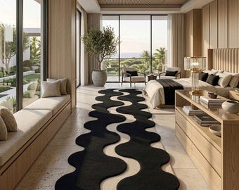 Modern Wavy Runner Rug, 3D Sculpted Aesthetic Rug, Hand Tufted Black Wave Carpet, Large Hallway Runner Wool, Minimalist Bedside Decor Rug