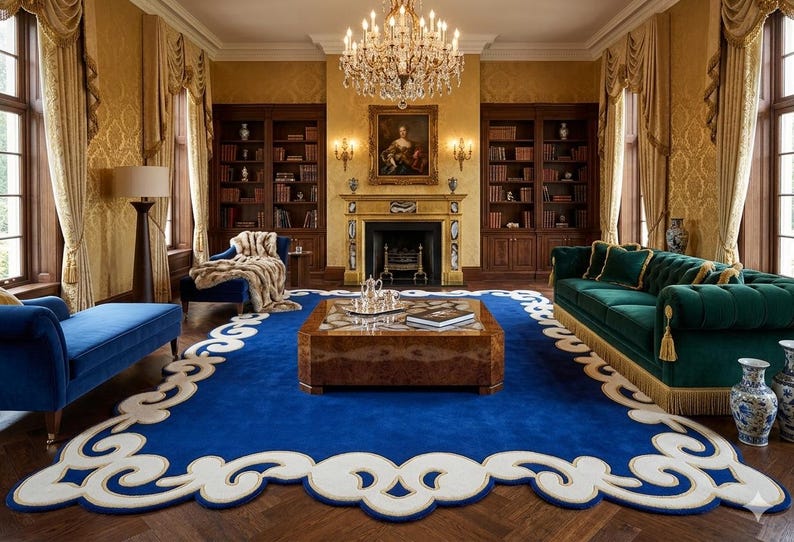 May include: A luxurious living room with a large blue rug featuring a white decorative border. The room includes a green sofa, blue chaise lounges, a wooden coffee table, and a fireplace. A chandelier hangs from the ceiling.
