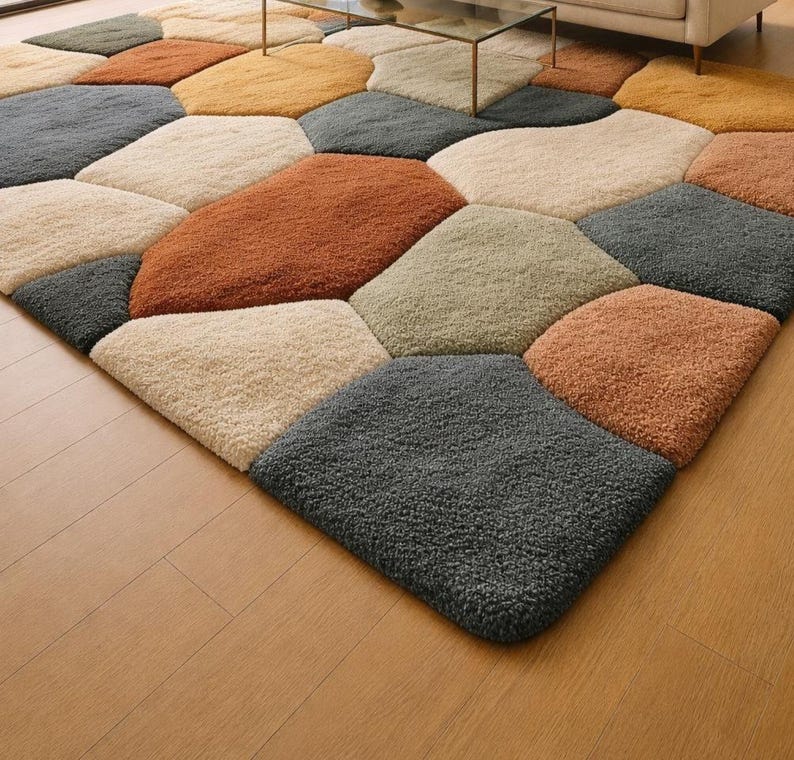 May include: A large, textured area rug with a geometric pattern. The rug features irregular, stone-like shapes in various colors, including beige, gray, orange, and yellow. The rug is placed on a wooden floor.