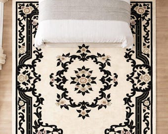 Luxury Abusan Rug Floral Ornamental Design | Black & Cream Vintage Pattern | Small Medium Large Area Rug