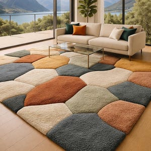 May include: A large, colorful area rug with a geometric pattern in a living room setting. The rug features various earth-tone colors, including beige, orange, gray, and green. A beige sofa with accent pillows and a glass coffee table are also visible.