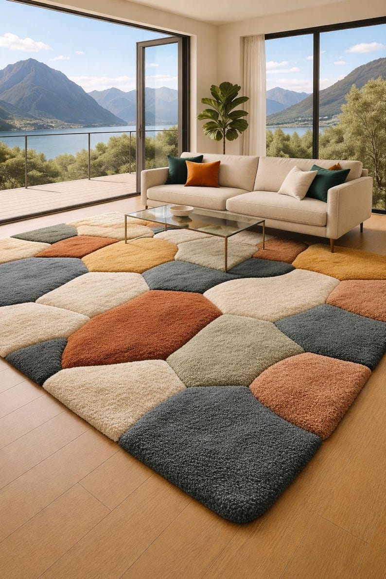 May include: A large, colorful area rug with a geometric pattern in a living room setting. The rug features various earth-tone colors, including beige, orange, gray, and green. A beige sofa with accent pillows and a glass coffee table are also visible.