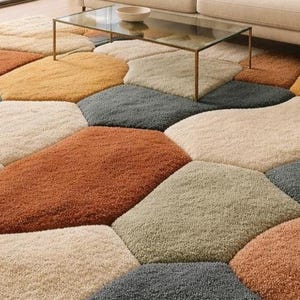 May include: A multi-colored area rug with a geometric pattern. The rug features various earth-tone colors, including orange, beige, gray, and yellow. The rug is made of a soft, plush material and is designed to add warmth and style to any living space.