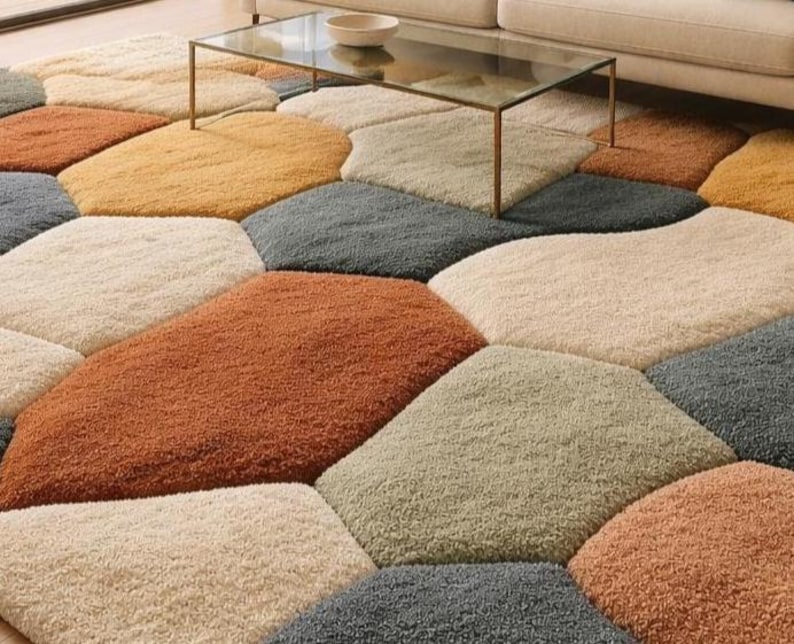 May include: A multi-colored area rug with a geometric pattern. The rug features various earth-tone colors, including orange, beige, gray, and yellow. The rug is made of a soft, plush material and is designed to add warmth and style to any living space.