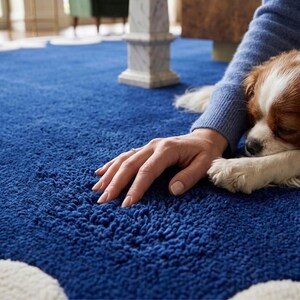 May include: A plush, deep blue rug with a cloud-like design in white. A person's hand rests on the rug near a Cavalier King Charles Spaniel dog with brown and white fur. The dog is resting on the rug.