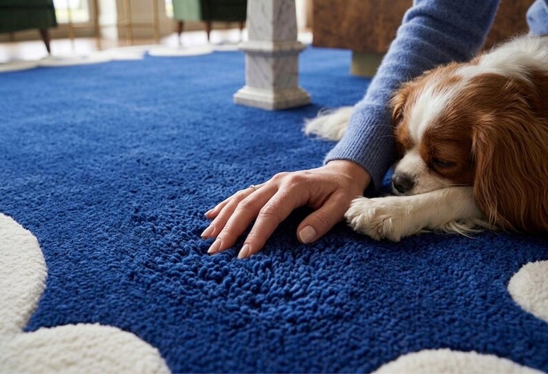 May include: A plush, deep blue rug with a cloud-like design in white. A person's hand rests on the rug near a Cavalier King Charles Spaniel dog with brown and white fur. The dog is resting on the rug.