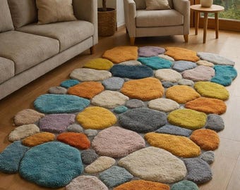 Moss Pebble Wool Rug | Handmade High Pile Area Carpet | Nature Inspired Organic Stone Design | Modern Living Room Decor