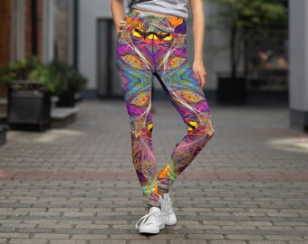 Neon Butterfly's in Paradise Cosmic Waves Psychedelic Dreamscape Festival Rave Hippie Yoga Leggings