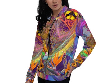 Neon Butterfly's in Paradise Cosmic Waves Psychedelic Dreamscape Festival Rave Hippie Unisex Bomber Jacket