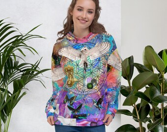 Enlightened Owl Abstract Print Psychedelic Festival Rave All Over Print PULL OVER HOODIE