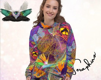 Neon Butterfly Paradise Abstract Print Psychedelic Festival Rave All Over Print PULL OVER HOODIE