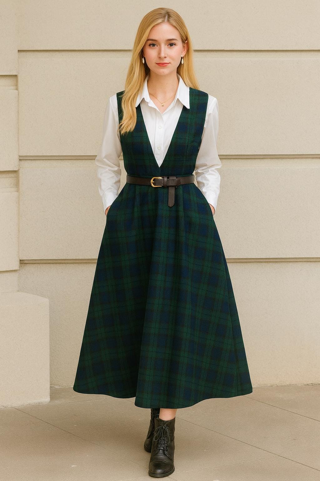 green emerald velvet dress Kate Middleton Tartan Fit Flare Dress Blackwatch Navy Blue Green Check –  opalroyaleclothing main image 1