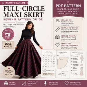 Op de afbeelding: Een naaipatroon voor een cirkelvormige maxi-rok. De afbeelding toont een vrouw die een bordeauxrode geruite rok draagt. De gids bevat een maattabel, een snij-indeling en naaiaanwijzingen. De tekst luidt "Direct downloaden" en "Maten XS-2XL".