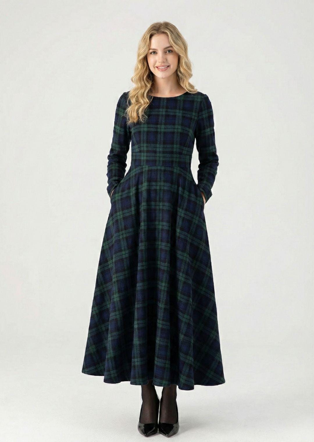 Green Blue Plaid Dress Long Sleeve - Etsy Canada