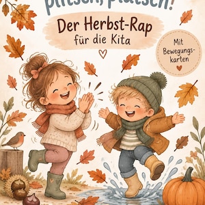Könnte beinhalten: Ein Buchcover mit dem Titel Raschel, klatsch & plitsche, platsch! Der Herbst-Rap für die Kita, das zwei Kinder zeigt, die in Herbstblättern und einer Pfütze spielen, umgeben von fallenden Blättern, einem Kürbis und einem kleinen Vogel.