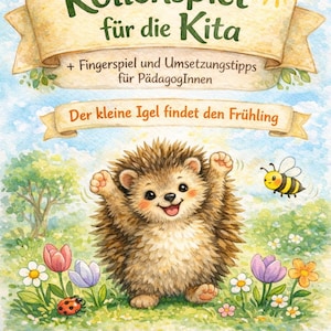 Könnte beinhalten: Kinderbuchcover mit einer Aquarellillustration. Der Titel "Rollenspiel für die Kita" ist auf einem Banner zu sehen. Ein fröhlicher Igel befindet sich in einem Blumenfeld, mit einer lächelnden Sonne und einer Biene. Der Text "Der kleine Igel findet den Frühling" ist ebenfalls sichtbar.