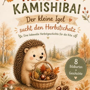 Könnte beinhalten: Ein Buchcover mit dem Titel HERBST-KAMISHIBAI Der kleine Igel sucht den Herbstschatz, das einen Igel mit einem Korb voller Herbstblätter, Eicheln und Tannenzapfen vor einer Waldkulisse zeigt, inklusive 8 Bildkarten + Geschichte.