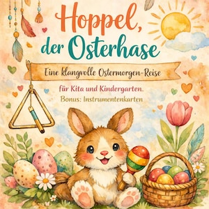 May include: Watercolor illustration of a cheerful bunny holding a maraca, surrounded by Easter eggs and a basket of colorful eggs. The image features text in orange and teal, with a sun and flowers, evoking a springtime theme.