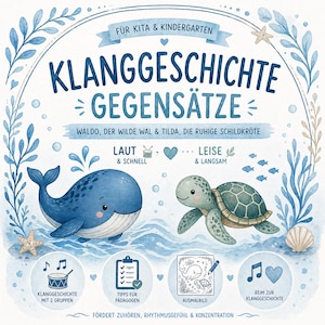 Puede incluir: Ilustración en acuarela con texto en alemán, incluyendo "Klanggeschichte Gegensätze" y "Für Kita & Kindergarten." La imagen muestra una ballena azul y una tortuga marina verde. Otros elementos incluyen notas musicales, un tambor y una concha, todo en tonos azules.