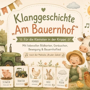 Puede incluir: Una portada de libro educativo infantil titulada Klanggeschichte Am Bauernhof con un tractor verde, un granero, un niño sonriente con sombrero de paja, una vaca, un cerdo y un pollo. Seis tarjetas pequeñas muestran vaca, cerdo, tractor, pollo, conejo y lluvia.