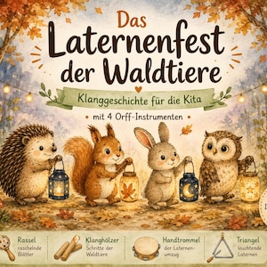 Może przedstawiać: Okładka książki zatytułowana Das Laternenfest der Waldtiere przedstawia jeża, wiewiórkę, królika i sowę trzymających latarnie w lesie. Zawiera cztery instrumenty Orffa: grzechotkę, klawesy, bębenek i trójkąt oraz karty z obrazkami i instrumentami.