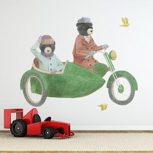 Bears Riding Together With Side Car Wall Sticker Decal | Kids Wall Stickers, Animals Wall Stickers, Childrens Wall Decals, Wall Art