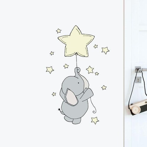 Elephant Floating With Star Balloon Wall Sticker Decal | Nursery Wall Stickers, Animal Wall Decals, Home Decor, Baby Room, Wall Art