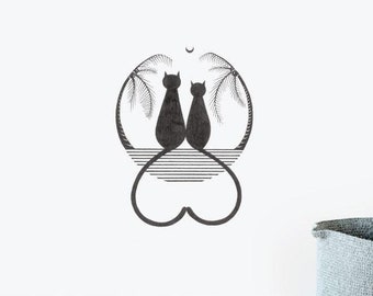 Gatos en amor pared pegatina calcomanía / ilustración pegatinas de pared, animales pegatinas de pared, calcomanías de pared, decoración del hogar, ilustraciones