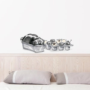 May include: A black pug dog peeking out of an egg carton with a group of pugs inside. The pugs are all looking at the camera.