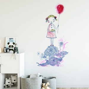 Red Balloon Girl Wall Sticker Decal | Kids Wall Stickers, Animals Wall Stickers, Childrens Wall Decals, Wall Art, Kids Room, Girl, Boy