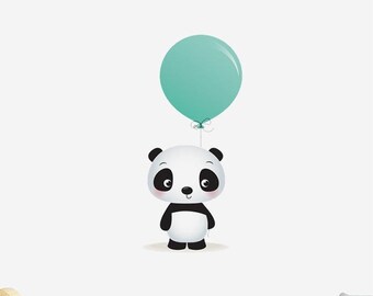 May include: A cute cartoon panda holding a light blue balloon. The panda is black and white with a happy expression.