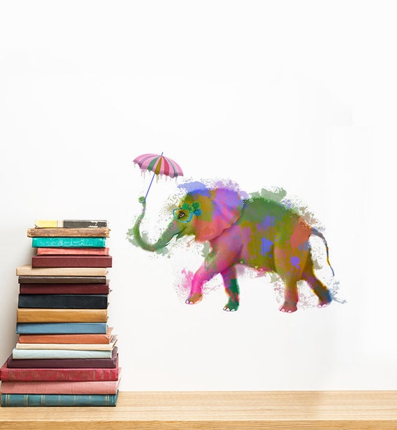 Rainbow Elephant With Umbrella Wall Sticker Decal Kids Wall Etsy
