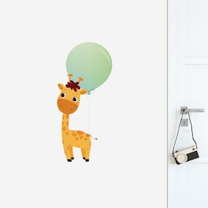 Jirafa con gran globo pared etiqueta engomada / vivero pared pegatinas, calcomanías de pared animal, decoración del hogar, habitación del bebé, arte de la pared, niña, niño