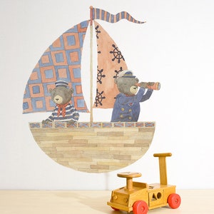 Bears On Sailing Boat Wall Sticker Decal | Kids Wall Stickers, Animals Wall Stickers, Childrens Wall Decals, Wall Art, Kids Room, Girl, Boy